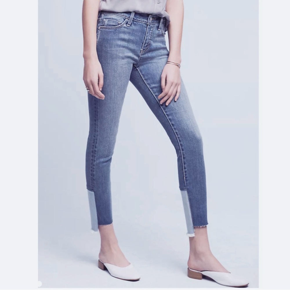 Anthropologie Pilcro Patchwork Step Hem Fringe Hem Distressed Skinny Jeans